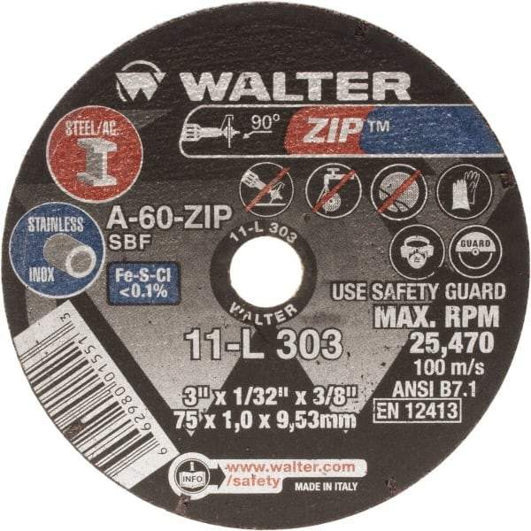 WALTER Surface Technologies - 3" Aluminum Oxide Cutoff Wheel - 1/16" Thick, 3/8" Arbor, 25,470 Max RPM, Use with Die Grinders - Eagle Tool & Supply