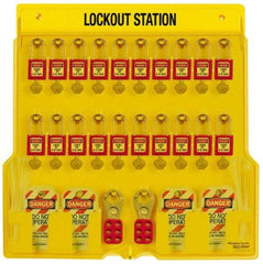 Master Lock - 28 Piece, Equipped Polycarbonate Padlock Station - 22 Inch Wide x 22 Inch High x 1-3/4 Inch Deep, Black on Yellow, Covered - Eagle Tool & Supply