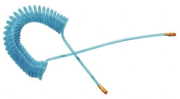 Coilhose Pneumatics - 1/4" ID, 1/4 Thread, 20' Long, Transparent Blue Polyurethane Coiled & Self Storing Hose - 125 Max psi, Male Swivel x Male Swivel - Eagle Tool & Supply