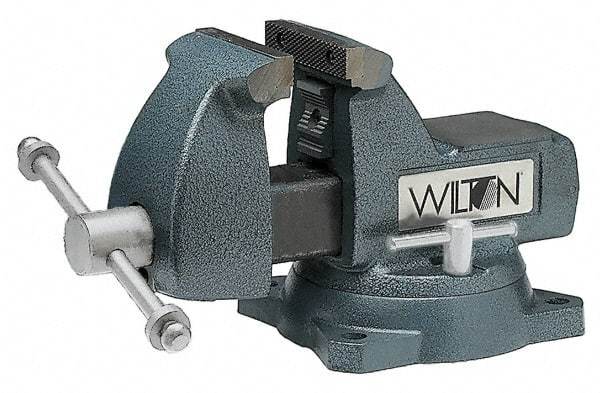 Wilton - 8" Jaw Width x 8-1/4" Jaw Opening Capacity, 4-3/4" Throat Depth, Bench & Pipe Combination Vise - 1/4 to 3-1/2" Pipe Capacity, Swivel Base, Bolt Down Attachment, Ductile Iron - Eagle Tool & Supply