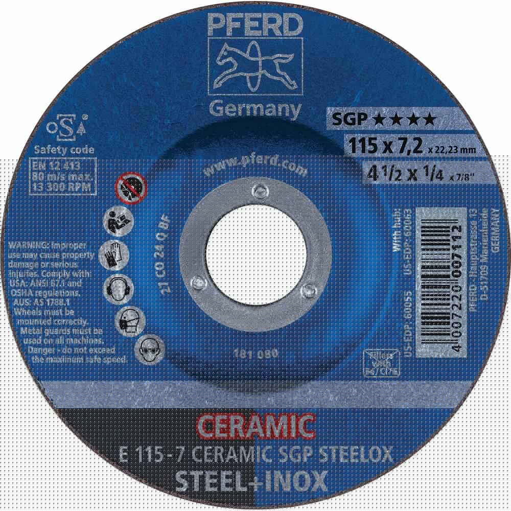 PFERD - Depressed-Center Wheels; Hole Size (Inch): 7/8 ; Connector Type: Arbor ; Wheel Type Number: Type 27 ; Abrasive Material: Ceramic Oxide ; Maximum RPM: 13300.000 ; Grit: 24 - Exact Industrial Supply