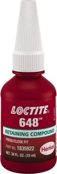 Loctite - 10 mL, Green, High Strength Gel Retaining Compound - Series 648, 24 hr Full Cure Time - Eagle Tool & Supply