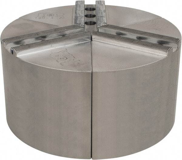 H & R Manufacturing - 1.5mm x 60° Serrated Attachment, Round Soft Lathe Chuck Jaw - 3 Jaws, Aluminum, 1" Btw Mount Hole Ctrs, 4" Long x 8" Wide x 4" High, 0.551" Groove, 12mm Fastener - Eagle Tool & Supply