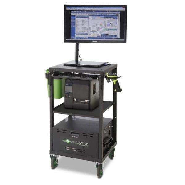 NewCastle Systems - 100 Lb Capacity, 2 Shelf Mobile Computer Workstation - 21-3/4" Wide x 20" Deep x 43" High, Steel - Eagle Tool & Supply