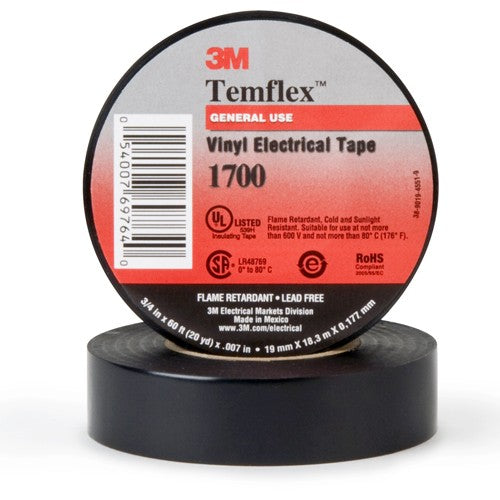 3M Temflex Vinyl Electrical Tape 1700 3/4″ × 36 yd 1-1/2″ Core Black - Eagle Tool & Supply