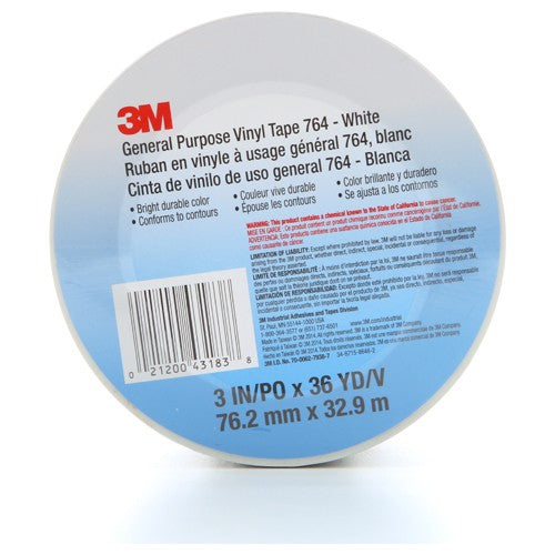3M General Purpose Vinyl Tape 764 White 3″ × 36 yd 5 mil Individually Wrapped Conveniently Packaged - Eagle Tool & Supply