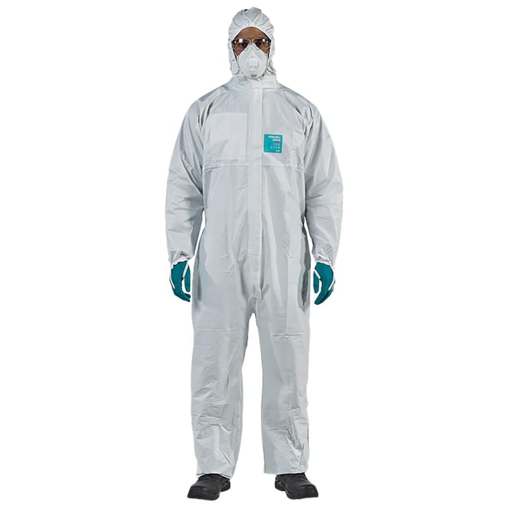 Disposable Coveralls: Size Medium, 0.5382 oz, Microporous Polyethylene Laminate Non-Woven, 2-Way Zipper with Storm Flap, Chinstrap, Finger Loops & Elastic Closure