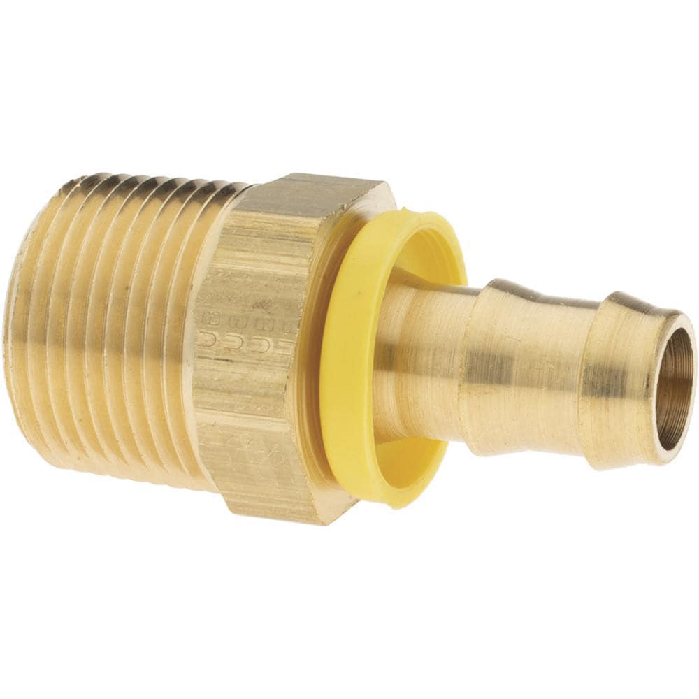 Barbed Push-On Hose Male Connector: 3/8-18 Male NPTF, Brass, 1/2" Barb