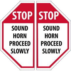 Adhesive Backed Floor Signs; Message Type: Traffic Control; Message/Graphic: Message Only; Message or Graphic: Message Only; Legend: STOP SOUND HORN PROCEED SLOWLY; Material: Vinyl; Legend Color: White, Black; Color: Red, White, Black; Shape: Octagon