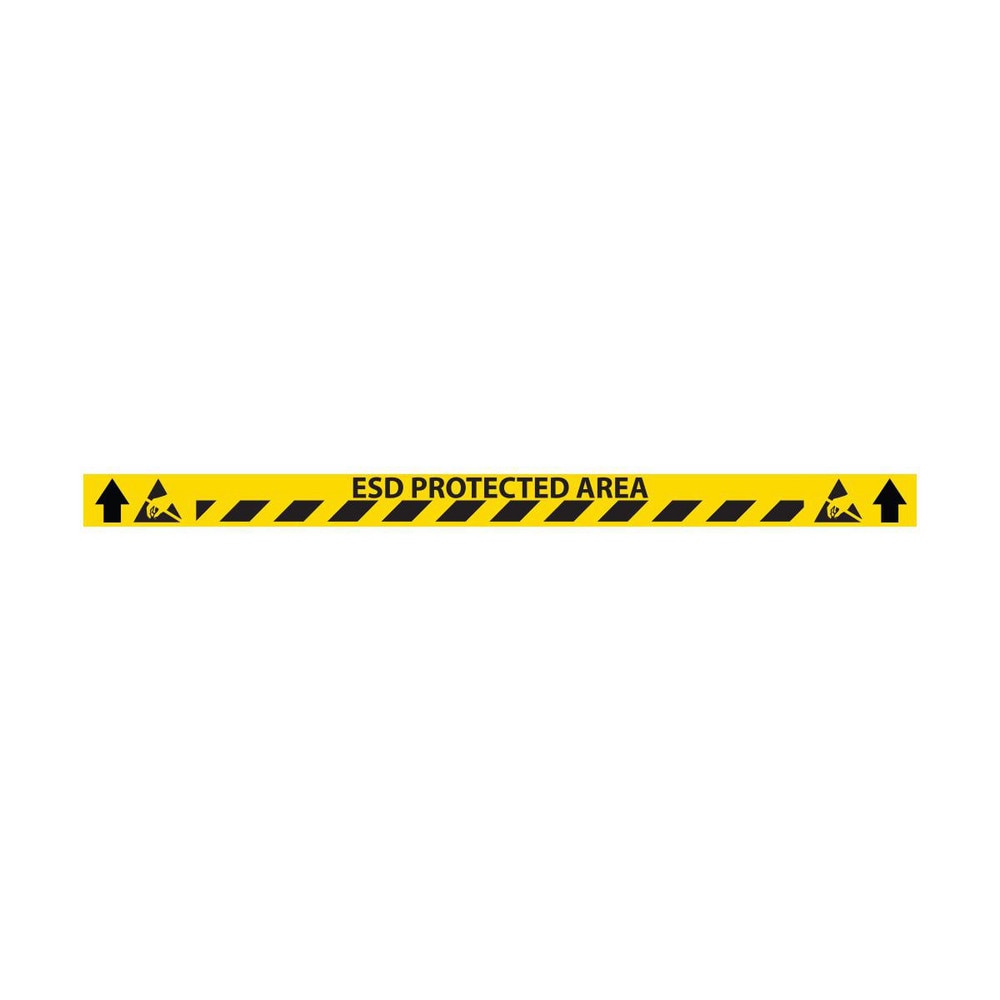 Adhesive Backed Floor Signs; Message Type: Traffic Control; Message/Graphic: Message & Graphic; Message or Graphic: Message & Graphic; Legend: ESD PROTECTED AREA; Material: Vinyl; Legend Color: Black; Color: Yellow, Black; Shape: Rectangle