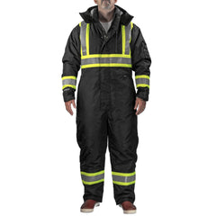 Coveralls & Overalls; Garment Style: Coveralls; Size: 4X-Large; Color: Black, Fluorescent Yellow-Green; Material: 420D Polyurethane Coated Nylon, Polyester; Hazardous Protection Level: ANSI/ISEA 107 Type O, Class 1; CSA Z96 Class 1 Level 2; Ankle Style: O