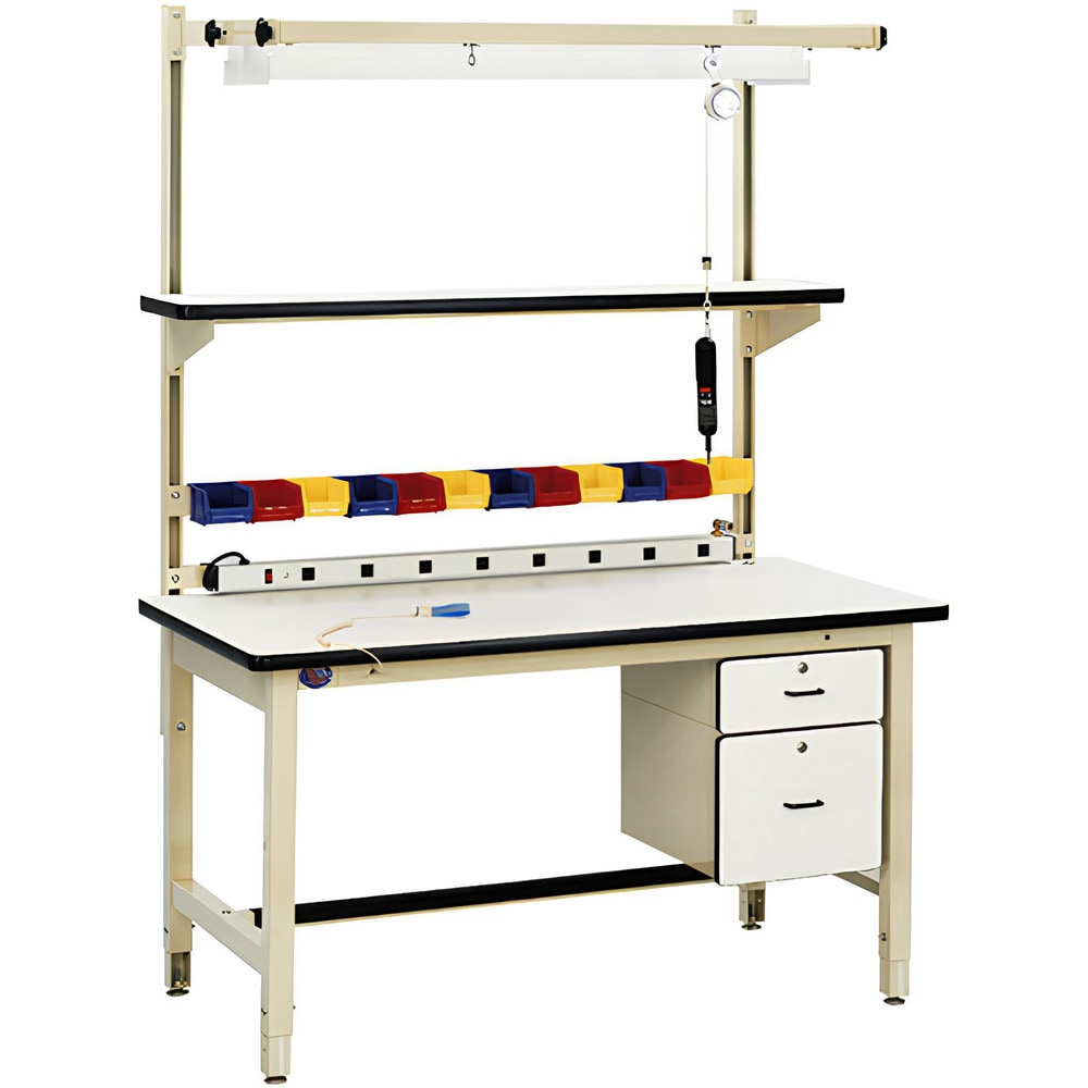 Heavy-Duty Work Bench with Drawer: 60" Wide, 30 to 36" High, Painted, Stainless Steel Top, Steel Base, Light Beige