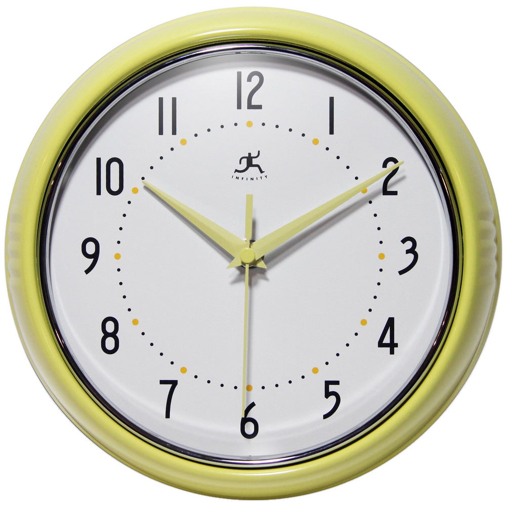 Office Wall Clocks; Clock Type: Dial; Display Type: Analog; Power Source: Battery; Clock Movement Control: Manual; Face Diameter: 7.2500; Face Color: White; Case Color: Yellow; Digit Color: Black