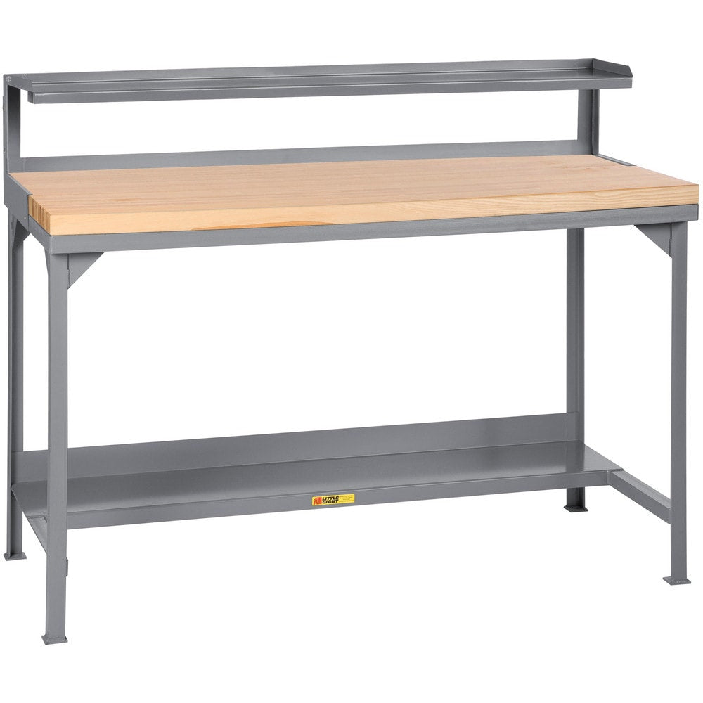 Welded Work Table: 48" Wide, 50-3/4 to 37-3/4" High, Powder Coated, Butcher Block Top, Steel Base, Gray