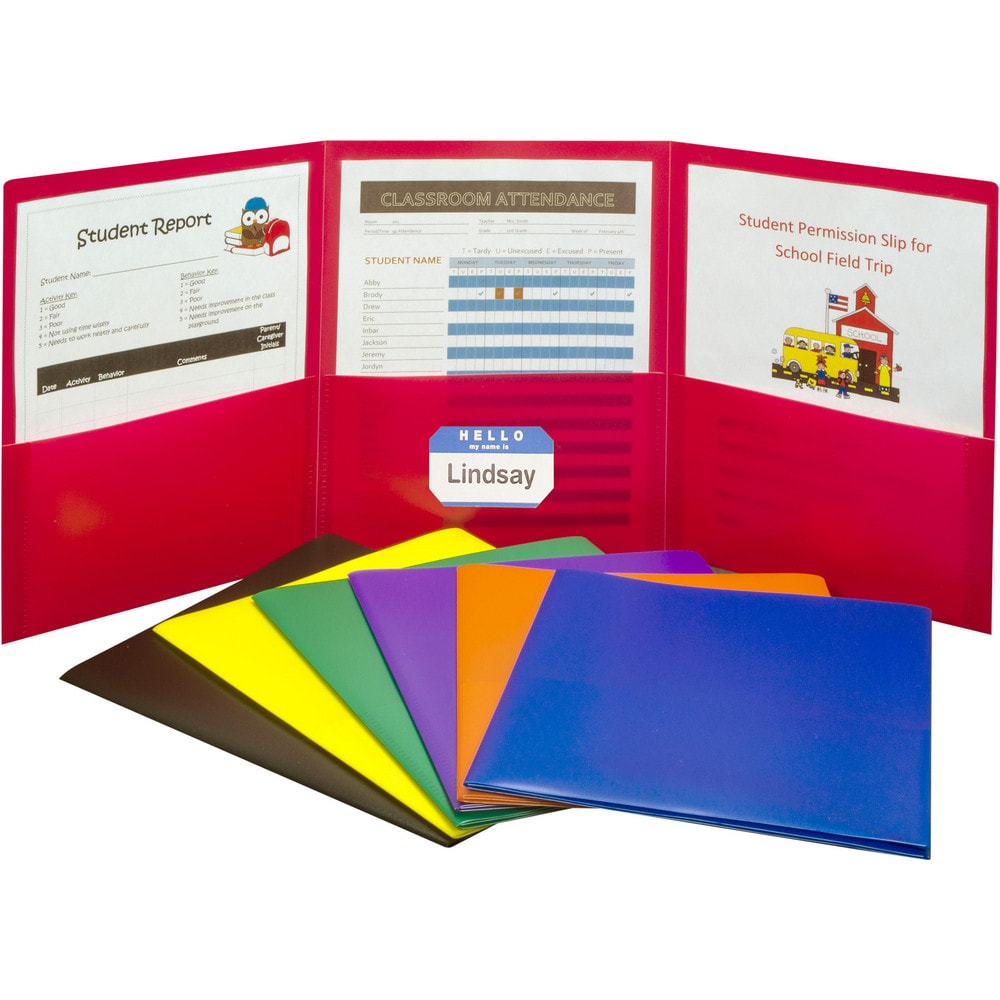 Portfolios, Report Covers & Pocket Binders; Color: Red, Blue, Purple, Yellow, Orange, Green; Overall Width: 9; Overall Length: 11.00; Material: Polypropylene