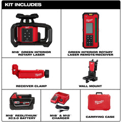 Laser Levels; Level Type: Rotary Laser; Laser Class: Class II; Laser Projection Orientation: Vertical, Horizontal; Plumb Type: Up; Accuracy: 1/16 in at 100 ft; Power Source: Battery; Batteries Included: Yes; Battery Chemistry: Lithium