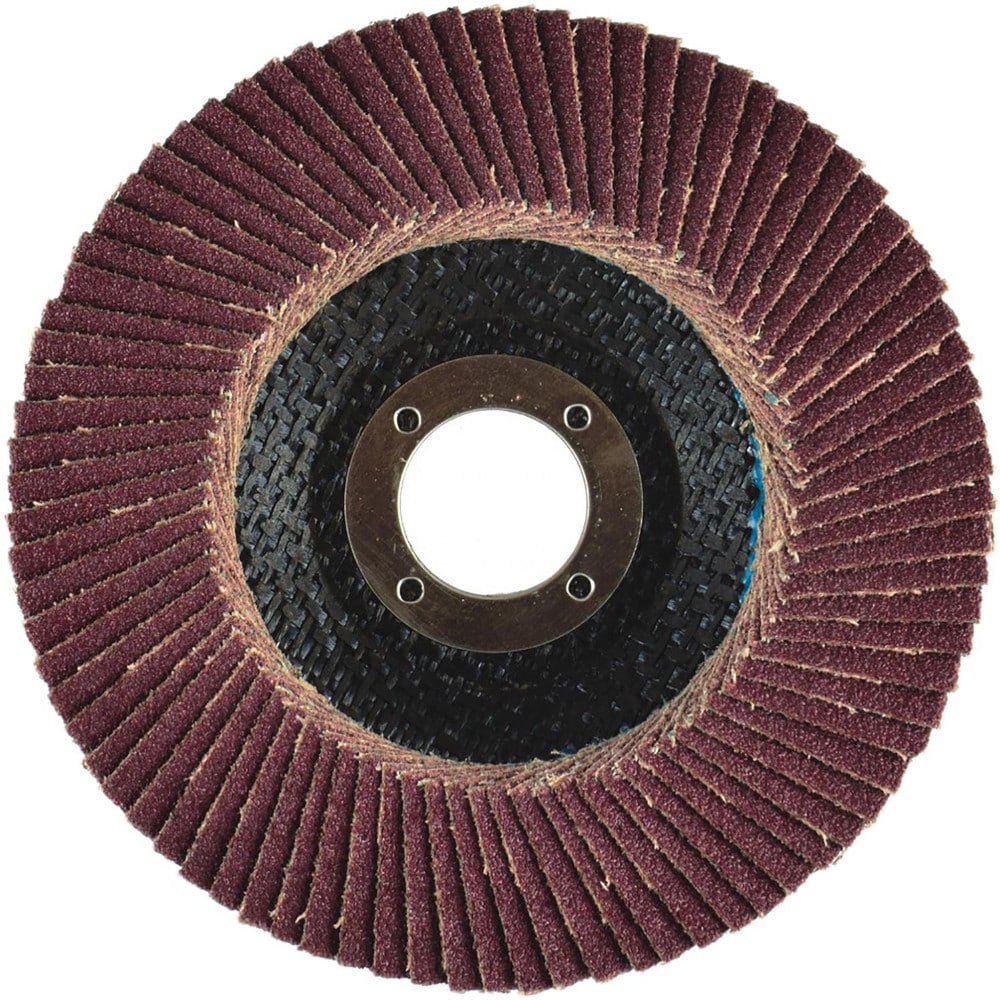 Flap Disc:  4-1/2" Dia, 5/8-11" Hole, 40 Grit, Aluminum Oxide, Type 27