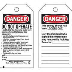 Do Not Operate Tag: 5-3/4" High, 3" Wide, Polyester, "DANGER"