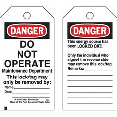 Do Not Operate Tag: 5-3/4" High, 3" Wide, Polyester, "DANGER"