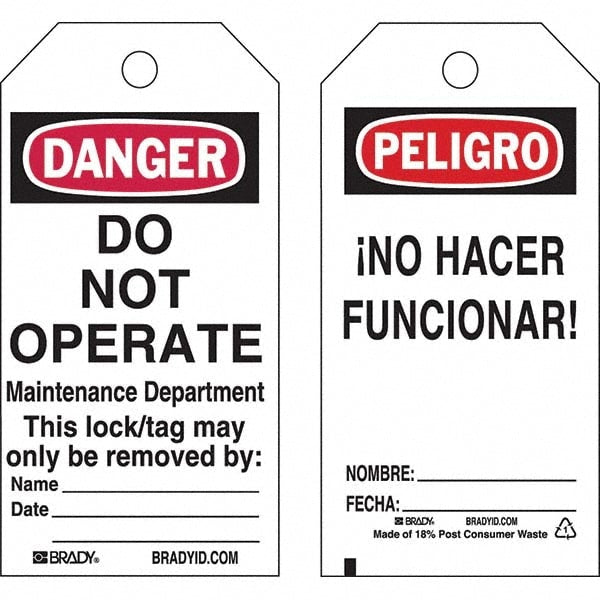 Do Not Operate Tag: Rectangle, 5-3/4" High, 3" Wide, Polyester, "Danger"