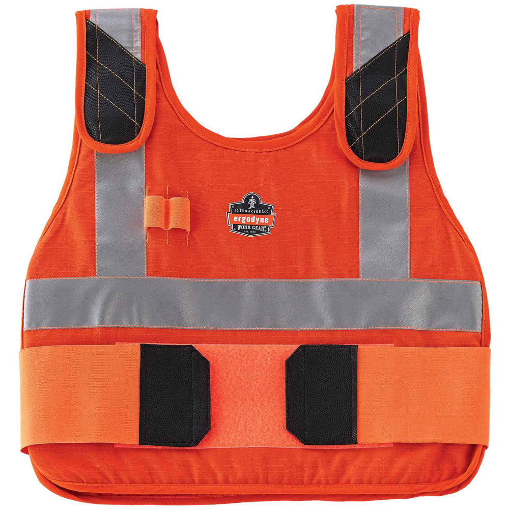 Cooling Vests; Cooling Technology: Phase Change Vest; Breakaway: No; Expandable: Yes; Size: Small, Medium; Color: Orange; Maximum Cooling Time (Hours): 4; Material: Modacrylic Cotton; Activation Method: Cooling Inserts; Closure Type: Hook & Loop