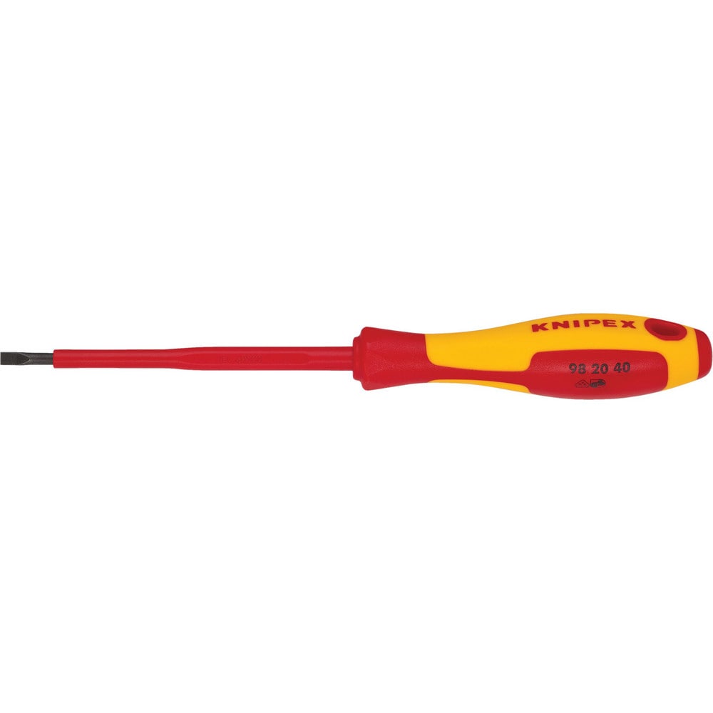 Slotted Screwdrivers; Blade Width (mm): 4.00; Blade Length (mm): 100.0000; Overall Length (mm): 202; Handle Type: Comfort Grip, Insulated; Handle Length: 102.00; Shank Type: Straight