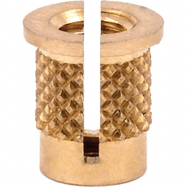 Press Fit Threaded Inserts; Product Type: Flanged; Material: Brass; Drill Size: 0.2188 in; Finish: Uncoated; Thread Size: #8-32; Overall Length (Decimal Inch): 0.3130; Insert Diameter (Decimal Inch): 0.2800; Thread Pitch: 32 in