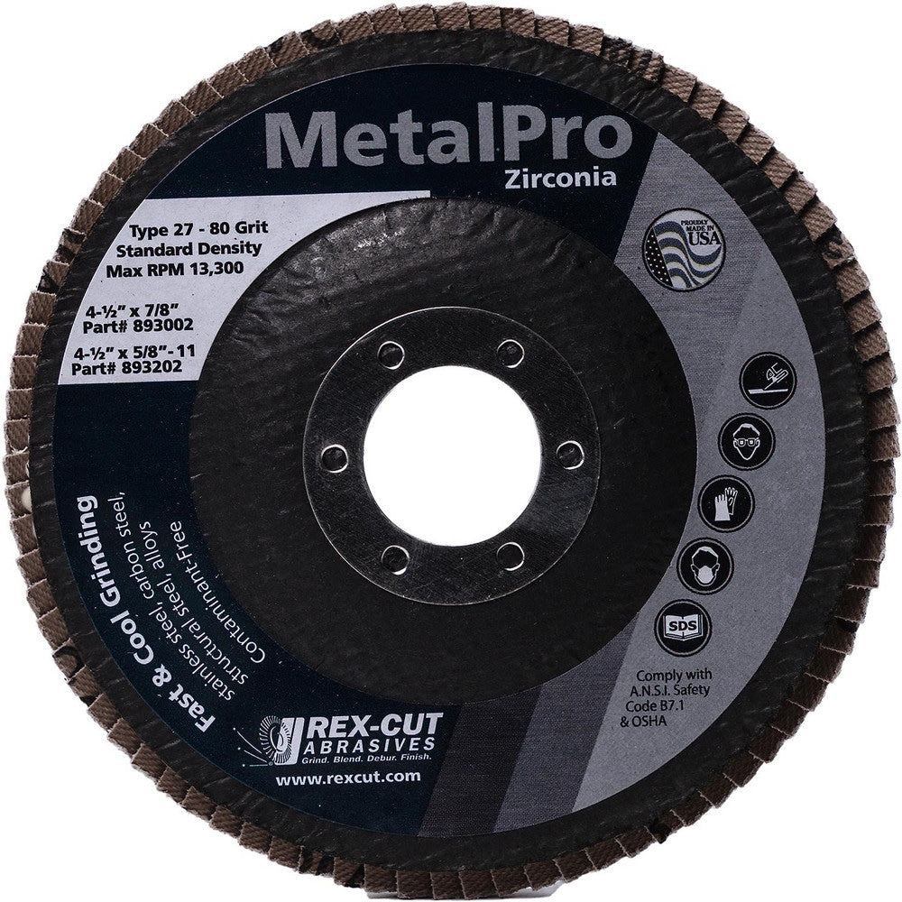 Flap Disc:  4-1/2" Dia, 7/8" Hole, 40 Grit, Zirconia Alumina, Type 27