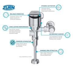 Automatic Flush Valves; Valve Type: Urinal; Flush Style: Single Flush; Gallons Per Flush: 1; Flush Valve Location: Exposed; Pipe Size: 0.75 in; Spud Coupling Size: 1.5 in; Cover Material: Chrome; Power Source: Hard Wire, 4AA Battery Backup