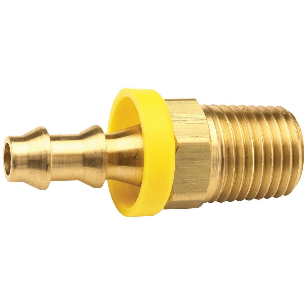 Barbed Push-On Hose Fittings; Fitting Type: Male; Inside Diameter (Inch): 3/8; Material: Brass; Thread Standard: NPTF; Thread Size: 1/4-18; Barb Size: 3/8