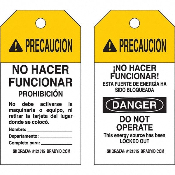 Do Not Operate Tag: 5-3/4" High, 3" Wide, Polyester, "PRECAUCION"