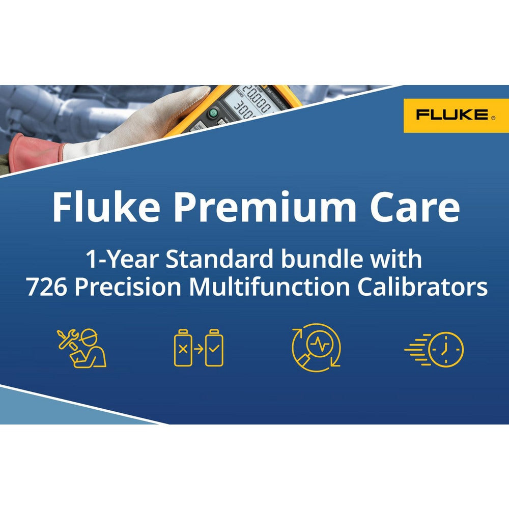 Fluke 726 Calibrator plus Fluke Premium Care ensures your test tool function properly and limits unplanned downtime and costs. Standard service level provides coverage above and beyond the original product warranty.   One fee covers your product for a 1-