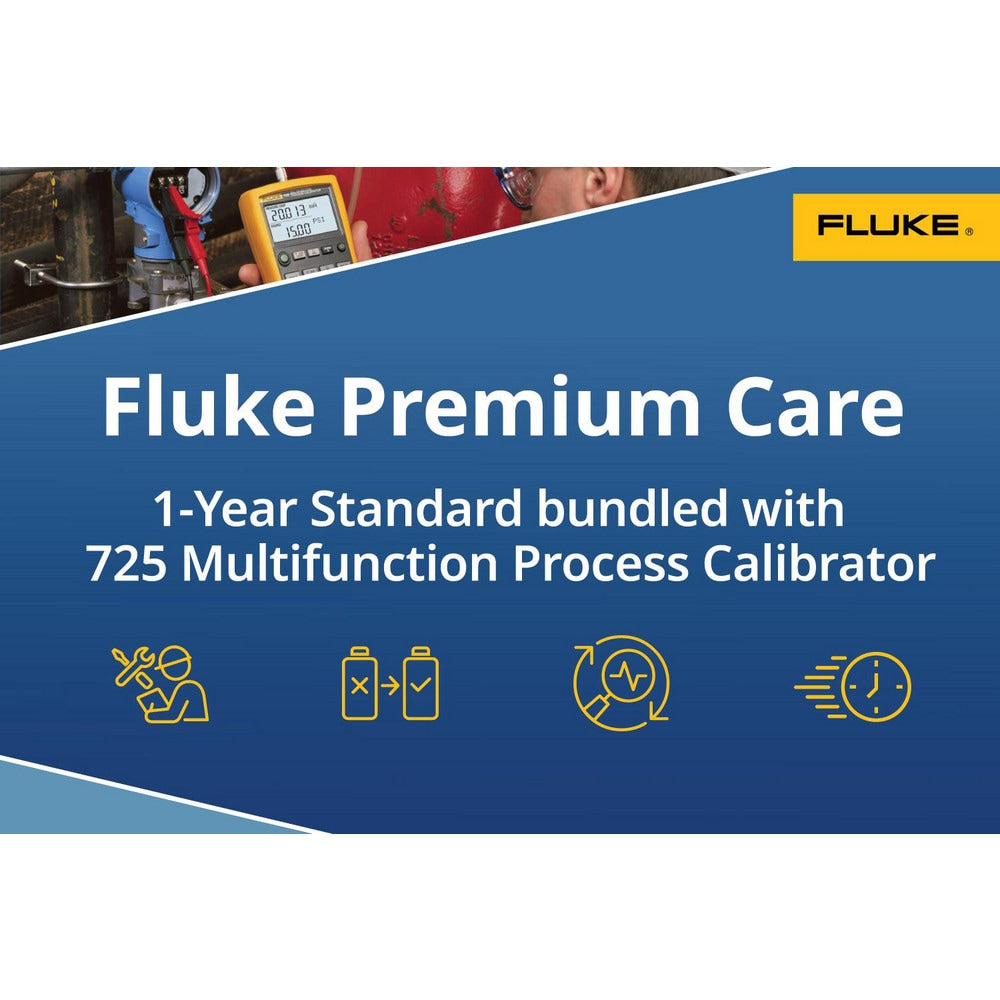 Fluke 725 Calibrator plus Fluke Premium Care ensures your test tool function properly and limits unplanned downtime and costs. Standard service level provides coverage above and beyond the original product warranty.   One fee covers your product for a 1-