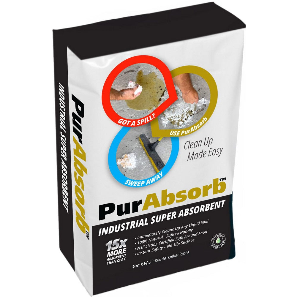 Absorbent:  10 lb Bag,  Particulate,  Absorbs more liquid than any other product on the market. PurAbsorb instantly begins absorbing any liquid spill on contact. Spills are absorbed leaving a dry no slip surface.