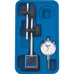 Dial Indicator & Base Kit: 2.6000" Base Length, 2.1800" Base Height, 2" Base Width, 0.0010 Min Measurement, 1.0000 Max Measurement, 0-100 Dial, +/-.001" Accuracy