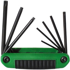 Torx Key Sets; End Type: Torx; Torx Size: T10, T7, T20, T8, T9, T25, T15; Torx Size Range: T7 - T25; Handle Type: Fold-Up, Ergonomic Handle; Finish: Black Oxide; Handle Color: Black, Green; Container Type: Fold-Up; Arm Style: Short