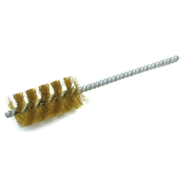 Brush Research Mfg. - 9/16" Diam Helical Brass Tube Brush - Single Spiral, 0.005" Filament Diam, 1-1/2" Brush Length, 5" OAL, 0.19" Diam Galvanized Steel Shank - Eagle Tool & Supply