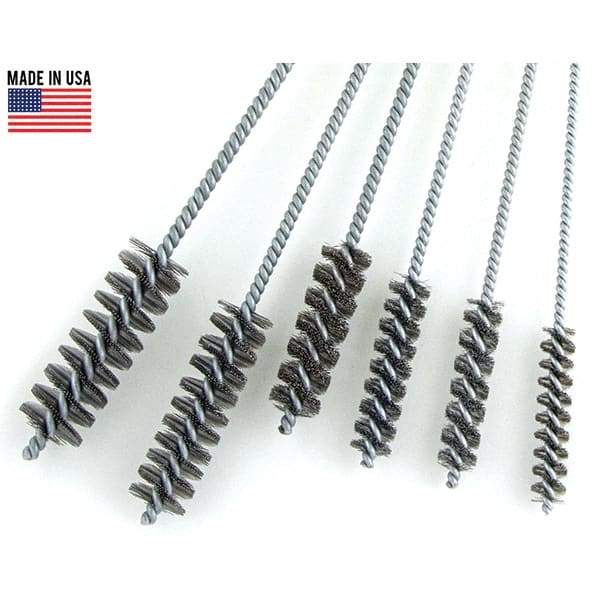 Brush Research Mfg. - 7/16" Diam Helical Steel Tube Brush - Single Spiral, 0.006" Filament Diam, 2-1/2" Brush Length, 10" OAL, 0.168" Diam Galvanized Steel Shank - Eagle Tool & Supply