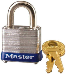 Master Lock - 9/16" Shackle Clearance, Keyed Alike General Security Padlock - 3/16" Shackle Diam, Laminated Steel - Eagle Tool & Supply