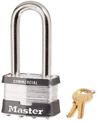 Master Lock - 2-1/2" Shackle Clearance, Keyed Different Padlock - 15/16" Shackle Width, 3/8" Shackle Diam, Laminated Steel - Eagle Tool & Supply