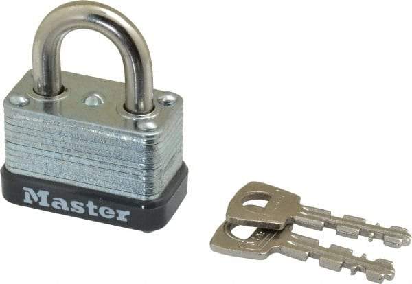 Master Lock - 9/16" Shackle Clearance, Keyed Different Laminated Steel Padlock - 1/4" Shackle Diam, Laminated Steel - Eagle Tool & Supply