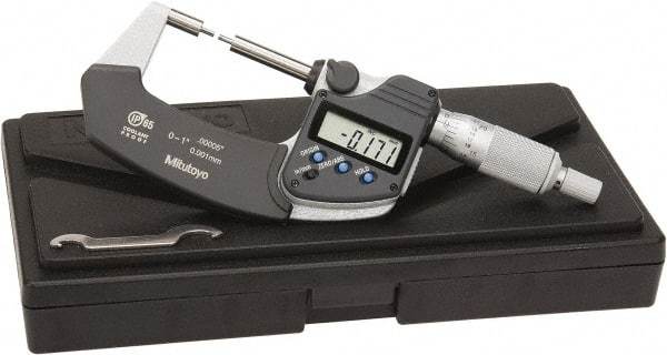 Mitutoyo - 1 Inch, 32mm Throat Depth, Electronic Spline Micrometer - Accurate Up to 0.0001 Inch, 1/4 Inch Spindle Diameter, 0.18mm Head Diameter, Ratchet Stop Thimble, Data Output - Eagle Tool & Supply