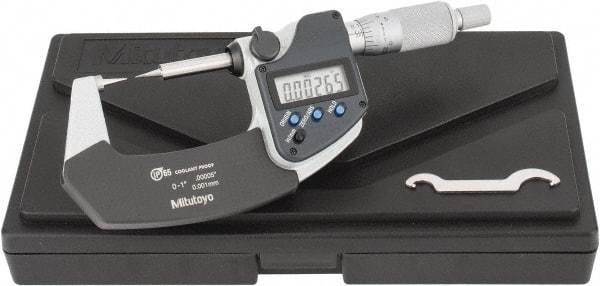 Mitutoyo - 1 Inch, 32mm Throat Depth, Ratchet Stop, Electronic Point Micrometer - Accurate Up to 0.0001 Inch, 0.3937 Inch Point Length, 15° Point Angle, 18mm Head Diameter - Eagle Tool & Supply