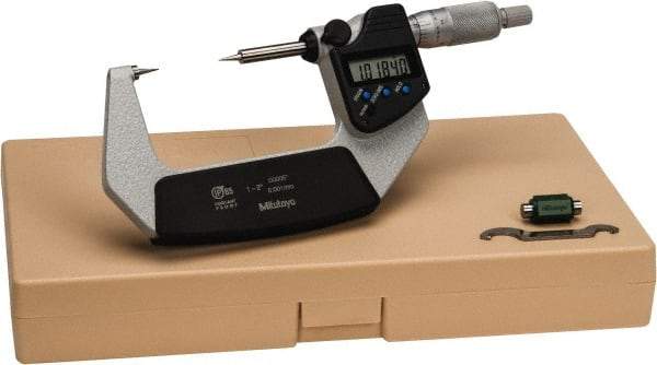 Mitutoyo - 1 to 2 Inch, 32mm Throat Depth, Ratchet Stop, Electronic Point Micrometer - Accurate Up to 0.0001 Inch, 0.3937 Inch Point Length, 15° Point Angle, 18mm Head Diameter - Eagle Tool & Supply