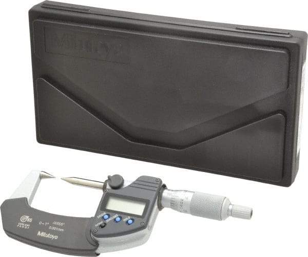 Mitutoyo - 1 Inch, 32mm Throat Depth, Ratchet Stop, Electronic Point Micrometer - Accurate Up to 0.0001 Inch, 0.3937 Inch Point Length, 30° Point Angle, 18mm Head Diameter - Eagle Tool & Supply