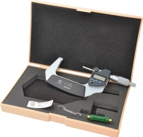 Mitutoyo - 2 to 76.2mm Measurement, Spherical Face Micrometer - Accuracy Up to 0.0001 Inch, Data Output, 0.0001 Inch Resolution, Electronic Operation, Ratchet Stop Thimble, IP65 Water Resistance Rating, SR44 Battery - Eagle Tool & Supply