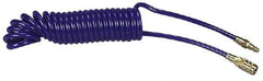 Coilhose Pneumatics - 1/4" ID, 1/4 Thread, 15' Long, Blue Polyurethane Coiled & Self Storing Hose - 125 Max psi, Industrial Interchange Coupler x Plug - Eagle Tool & Supply