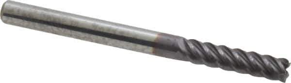 Accupro - 1/8", 1/2" LOC, 1/8" Shank Diam, 1-1/2" OAL, 5 Flute, Solid Carbide Square End Mill - Single End, AlTiN Finish, Spiral Flute, 45° Helix, Centercutting, Right Hand Cut, Right Hand Flute - Eagle Tool & Supply