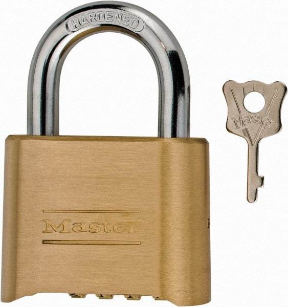 Master Lock - 2" Body Width, 1" Shackle Clearance, Steel & Brass Combination Lock - 5/16" Shackle Diam - Eagle Tool & Supply