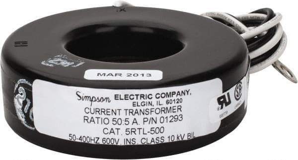 Simpson Electric - 2 VA Burden, 50 Amp AC Input, 5 Amp AC Output, 50 to 400 Hz, Panel Meter Donut Current Transformer - Screw Terminal, For Use with AC Ammeter - Eagle Tool & Supply